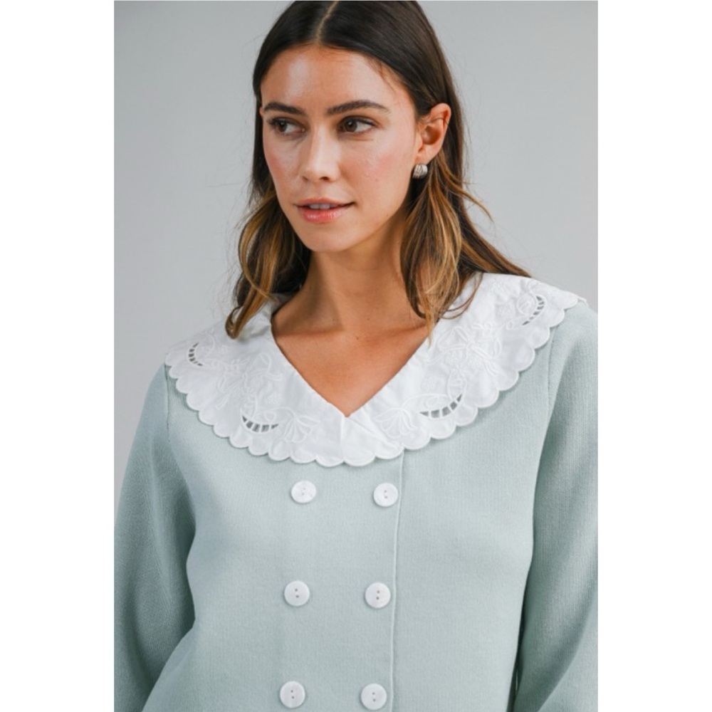 1141 • Seafoam Knit Double Breast Cardigan Top w/White Scallop Cotton Collar - Picture 9 of 11